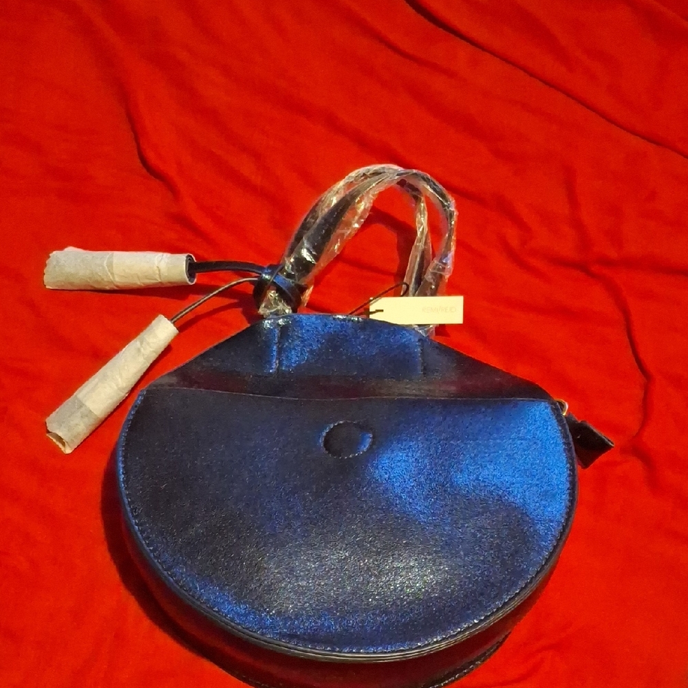 Metallic Navy Round Shoulder Bag with Top Handles